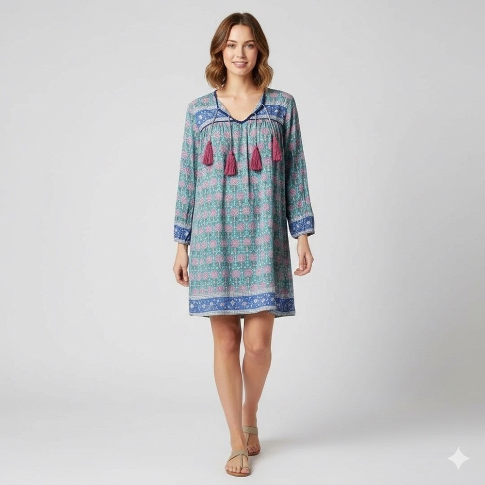 SZ Blockprints for J.Crew Leyla Cotton Floral Mini Dress Tassel V-Neck Medium